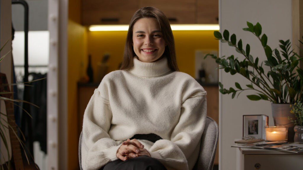 Portrait happy Caucasian woman looking at camera smiling laughing home living room positive satisfied female relaxed girl health joy medicine insurance loan householder tenant beautiful lady student. High quality 4k footage