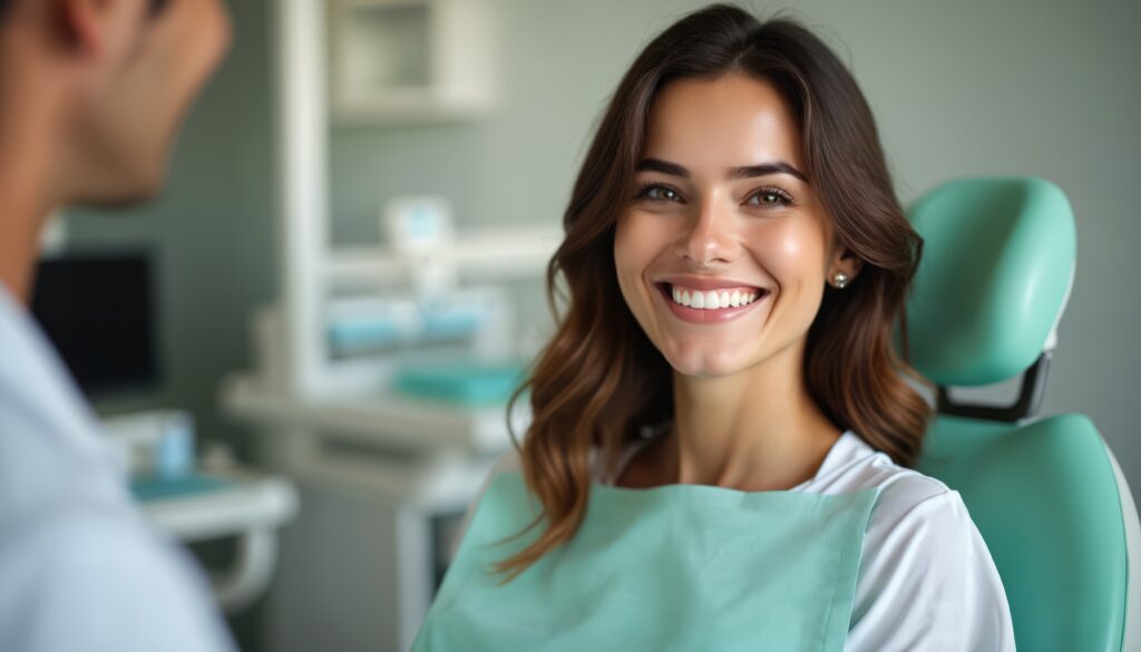 Smiling brunette woman having dental checkup in dentist surgery. Attractive patient with perfect white teeth, smiles after teeth whitening treatment. Dentist appointment concept.