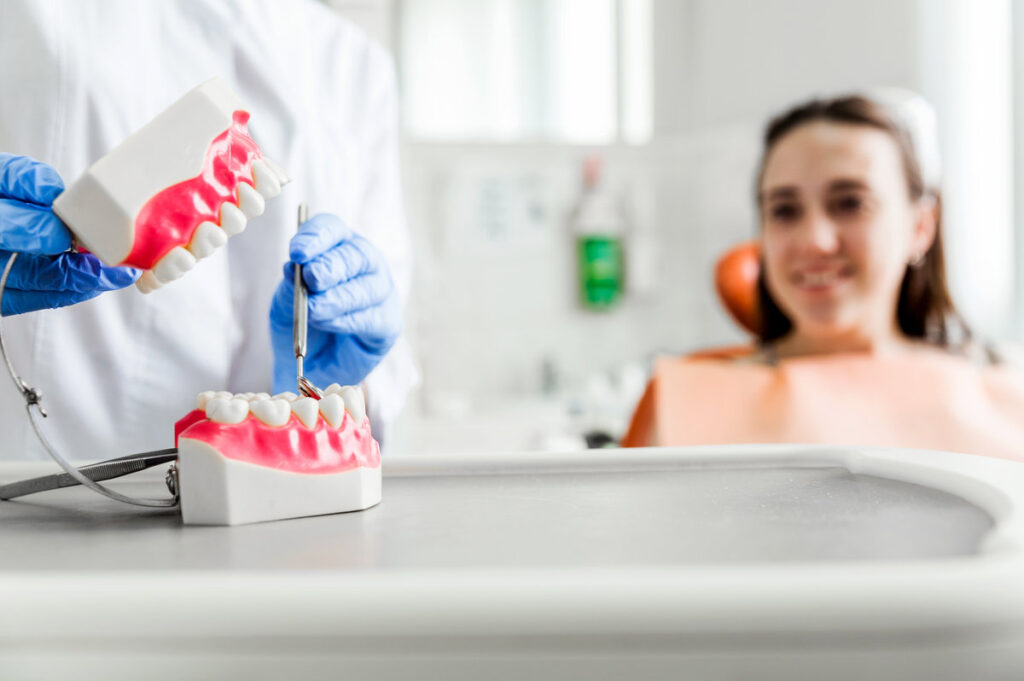 Dentist in blue gloves demonstrating a dental prosthetic model for patient education. The focus is on the dental model, with the dentist and patient in the background.