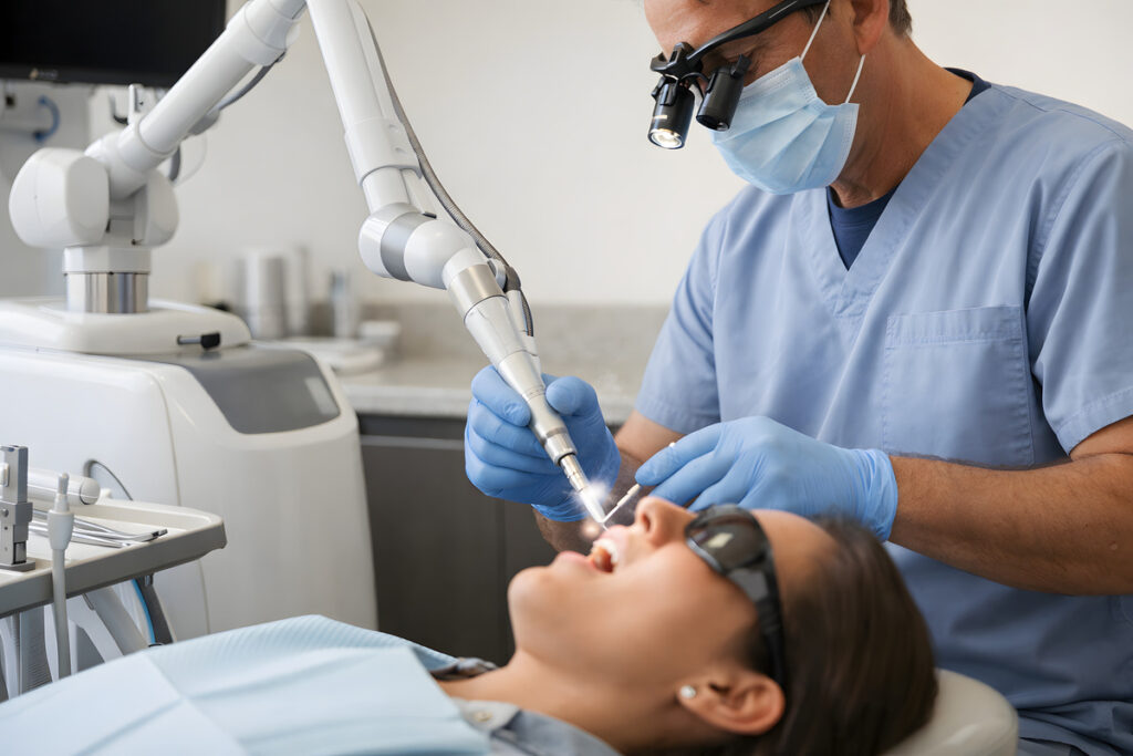Dentist Performing Laser Dental Treatment on Patient in Modern Clinic
