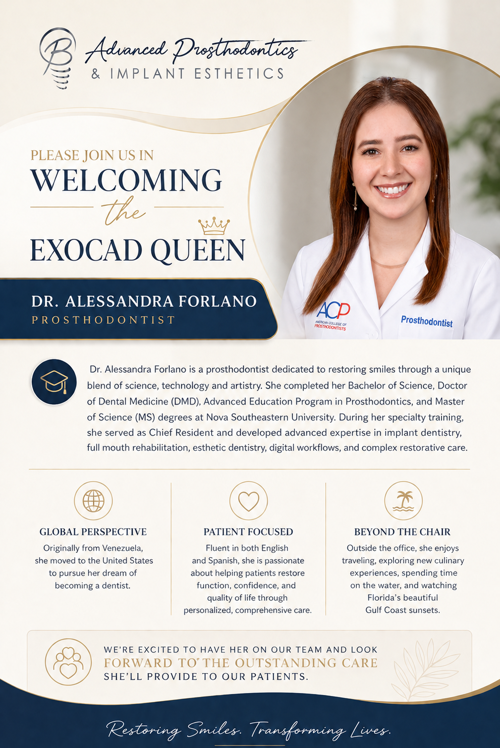 Welcome Dr. Alessandra Forlano, Prosthodontist — Advanced Prosthodontics & Implant Esthetics